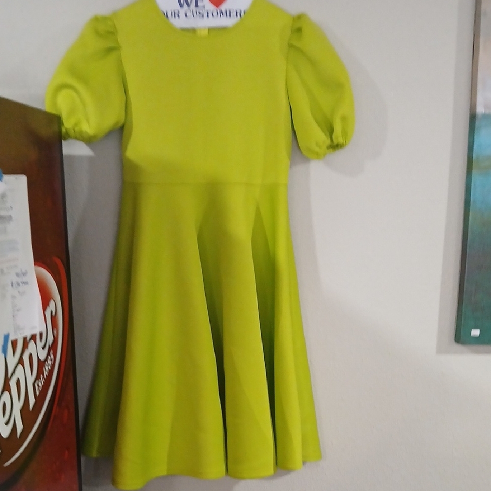 Lime Green Puff Sleeve Fit-and-Flare Girls Dress
